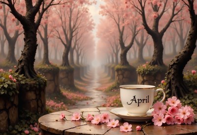 Blossoming cherry trees and a cup in an april setting