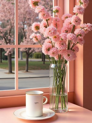 Pink flowers and coffee cup by a sunny window