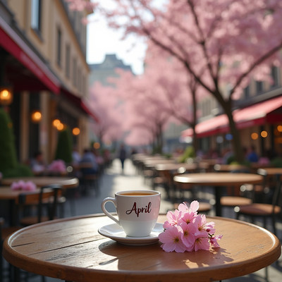 Spring morning at a charming cafe with cherry blossoms