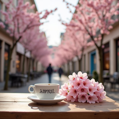 Spring morning with coffee and cherry blossoms in bloom