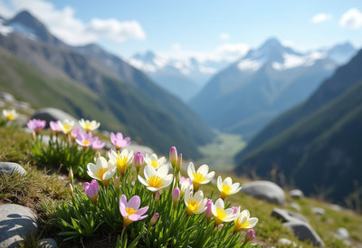 Vibrant wildflowers bloom in stunning mountain valley view