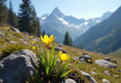 Yellow flowers bloom on rocky terrain in mountain valley