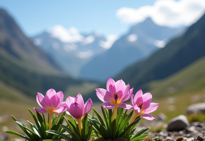 Mountain landscape featuring pink flowers in bloom