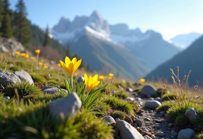 Yellow flowers blooming in a mountain meadow during spring