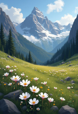 Majestic mountain landscape with vibrant flowers in valley