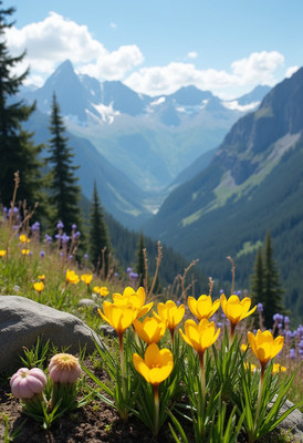 Vibrant wildflowers bloom on a mountain slope in spring