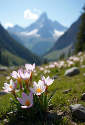 Mountain landscape with blooming flowers in spring