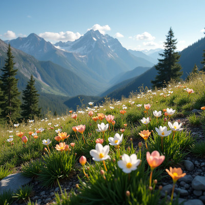 Beautiful mountain landscape with blooming flowers in spring