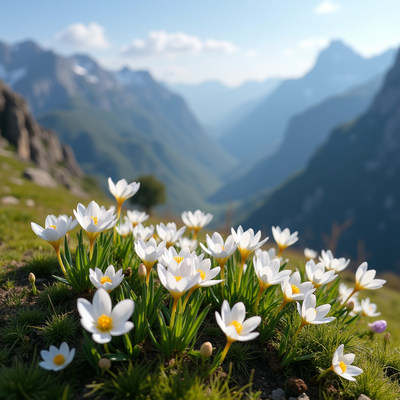 Mountain landscape with blooming white flowers in spring