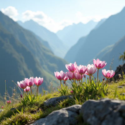 Beautiful blooming flowers in a serene mountain valley