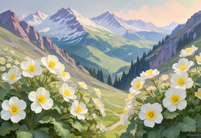 Beautiful valley with white flowers and mountains at sunset