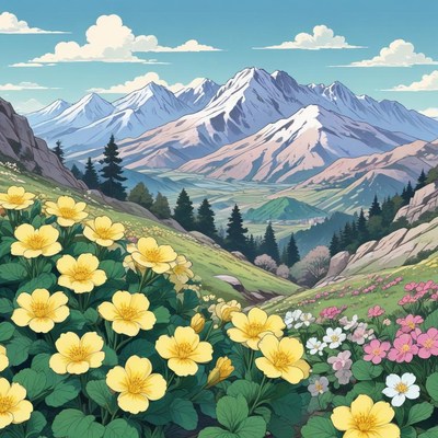 Mountain valley blooming with vibrant wildflowers
