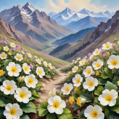 Mountain valley blooms with vibrant flowers and peaks