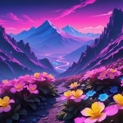Majestic mountains at sunset surrounded by vibrant flowers