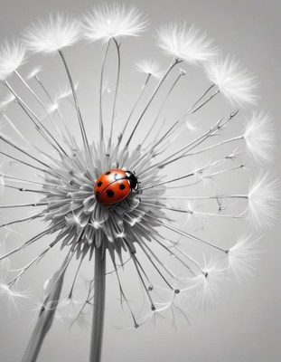 Ladybug rests on a dandelion seed head in spring