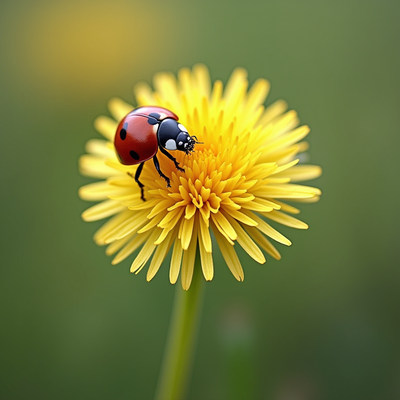 Ladybug exploring a yellow flower in springtime garden