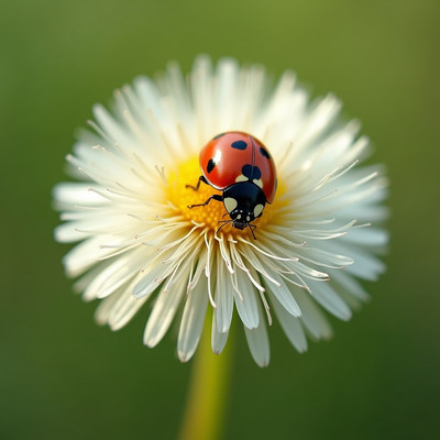 Ladybug resting on a white flower in a sunny field