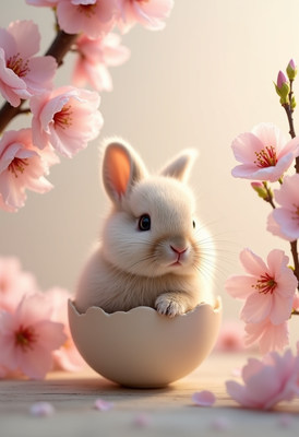 Cute rabbit in an egg shell surrounded by blossoms