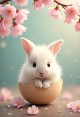 Cute white rabbit in an egg surrounded by cherry blossoms
