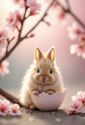 Cute bunny in an egg shell surrounded by blossoms