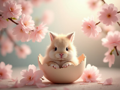 Cute bunny emerging from an eggshell surrounded by blossoms