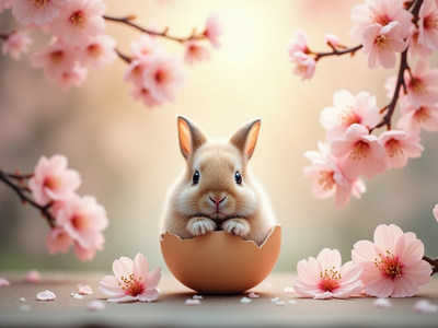 Baby rabbit emerging from easter egg among blossoms