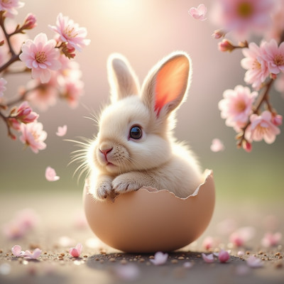 Cute bunny emerging from an egg surrounded by blossoms
