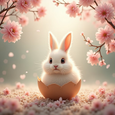 Cute bunny emerging from egg surrounded by blossoms