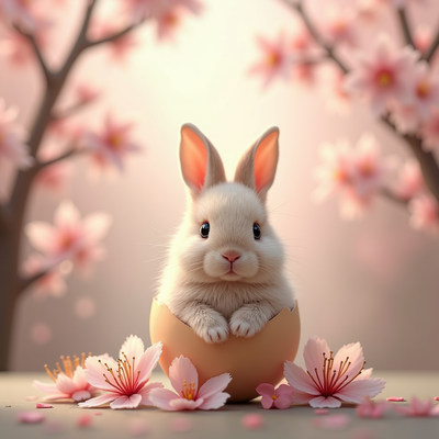 Cute bunny in pink blossom display for spring celebration