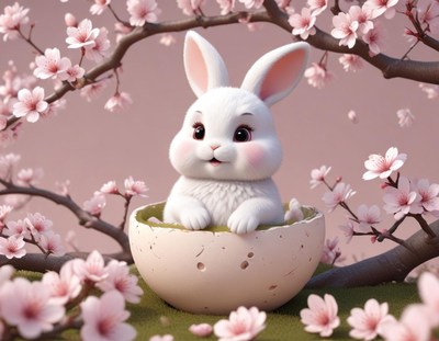 Cute rabbit sitting in egg surrounded by blossoms
