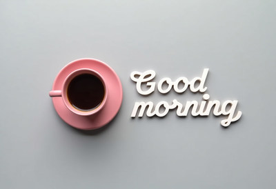 Morning coffee setting with a warm greeting