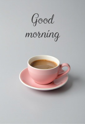 Enjoying morning coffee in a pink cup on a gray table