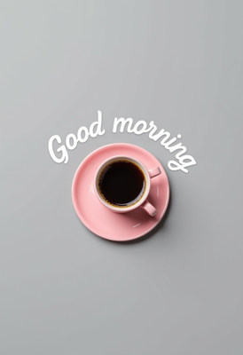 Good morning coffee in a pink cup on a gray table