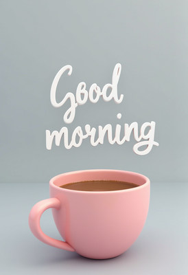 Morning coffee in a pink cup with a cheerful greeting
