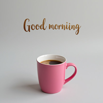 Enjoying coffee in a pink mug with morning greeting