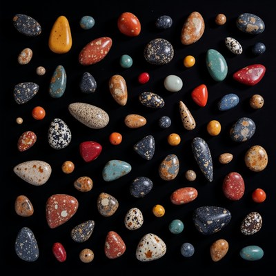 Colorful collection of unique stones on black background