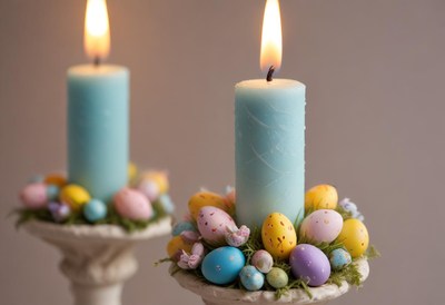 Decorative candles with easter eggs in pastel colors