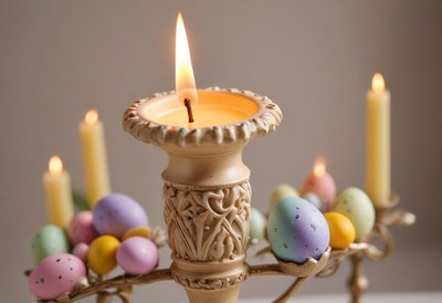 Candle centerpiece with colorful easter eggs on display