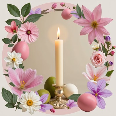 Decorative candle centerpiece with spring flowers and eggs