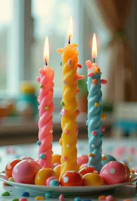Colorful candles with decorated eggs at festive gathering