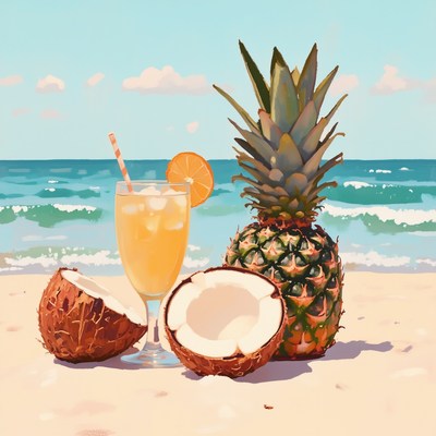 Tropical refreshment on a sunny beach with fruits