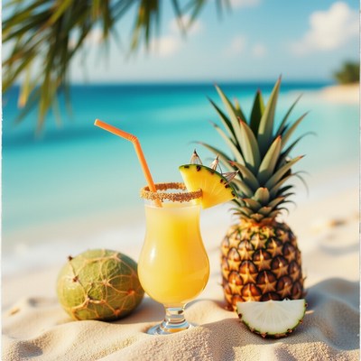 Refreshing tropical cocktail on sandy beach with pineapple