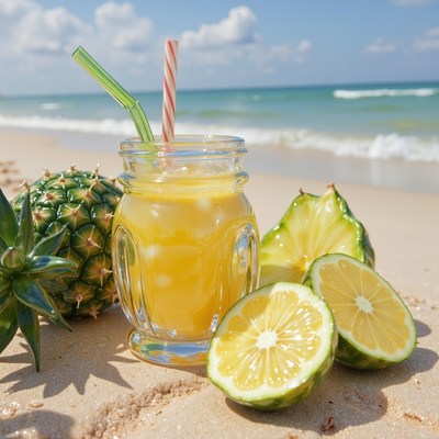 Refreshing tropical drink on sandy beach in summer sun