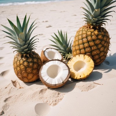 Fresh pineapples displayed on sandy beach with ocean view