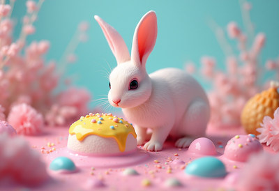 Cute white rabbit with pastel sweets in spring setting