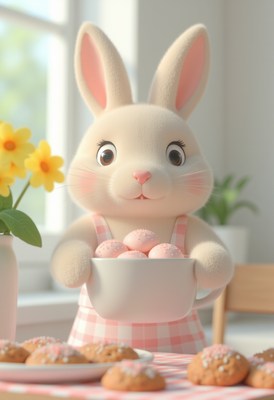 Cute rabbit holds bowl of cookies in bright kitchen