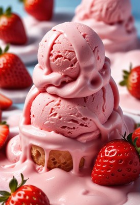 Delicious strawberry ice cream melting on a cone