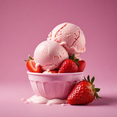 Delicious pink strawberry ice cream with fresh strawberries