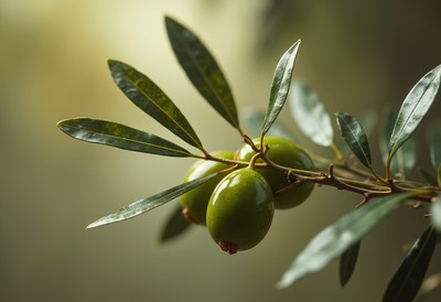 Olive branch with ripe green olives in natural light