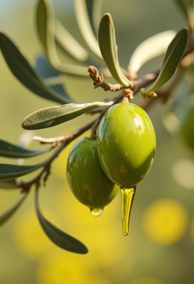 Green olives hanging on a branch in a sunny grove
